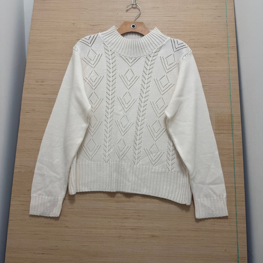 Lord‎ Isaac Cream Pointelle Mock Neck Sweater Womens Medium Diamond Knit 6001